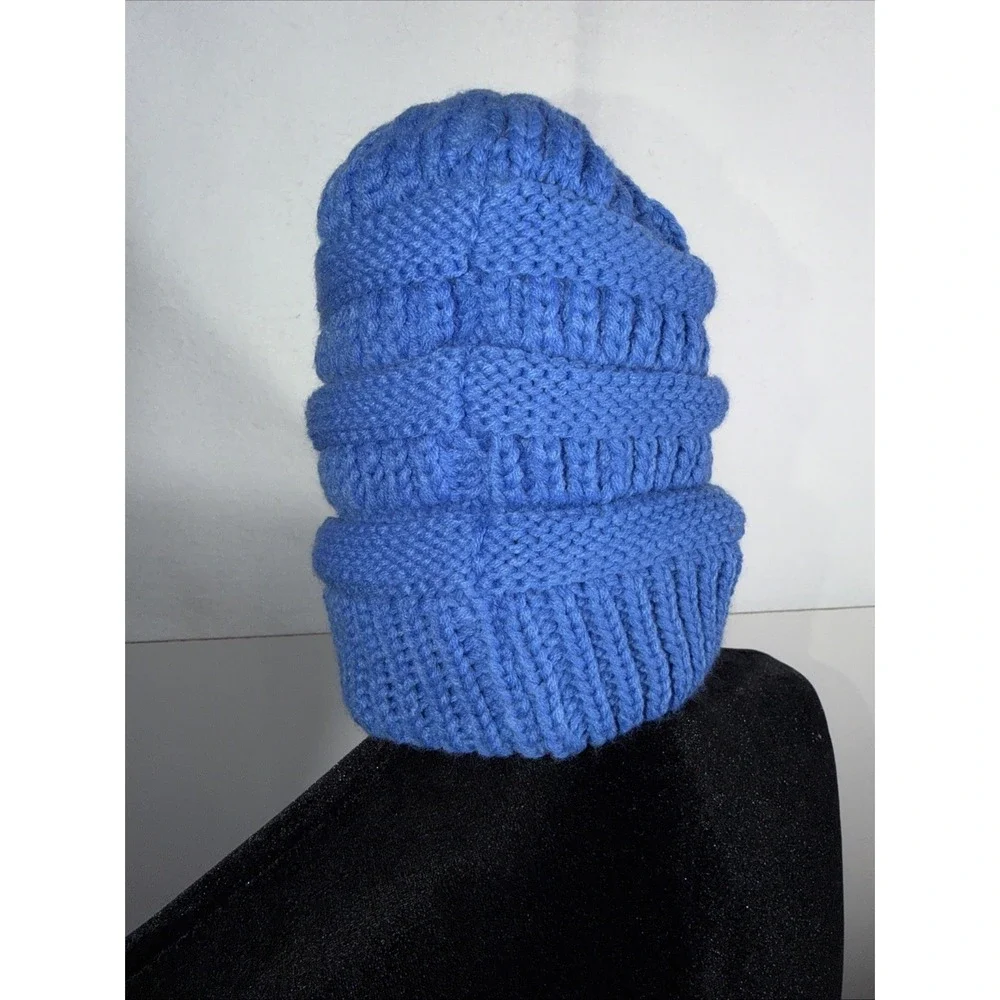 Anazalea Blue Knit Beanie Hat Faux Fur Lining Warm Stylish Winter‎ Ski